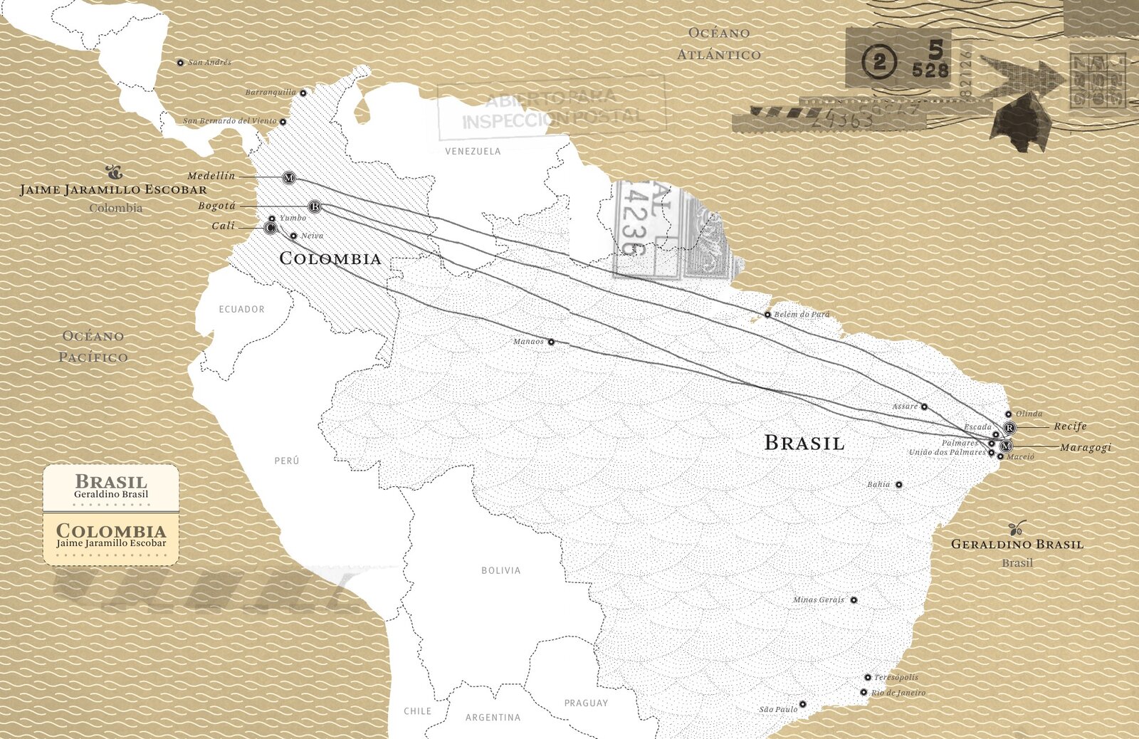 Mapa de las rutas postales entre Colombia y Brasil, ilustración del libro